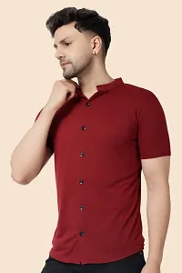 Men's Short Sleeves Mandarin Shirt (Maroon)_S-thumb2