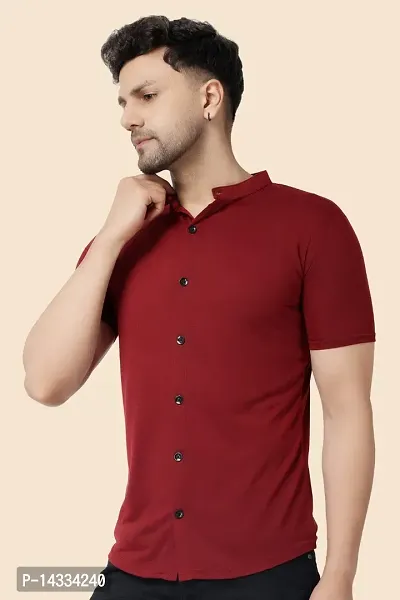 Men's Short Sleeves Mandarin Shirt (Maroon)_S-thumb3