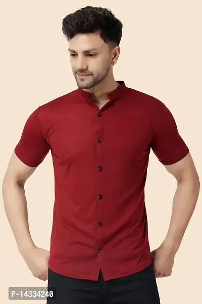 Men's Short Sleeves Mandarin Shirt (Maroon)_S-thumb0