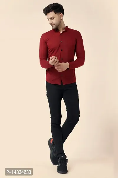 Men's Long Sleeves Mandarin Shirt (Maroon)_S-thumb5
