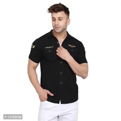 Men's Short Sleeves Spread Shirt (Black)_S