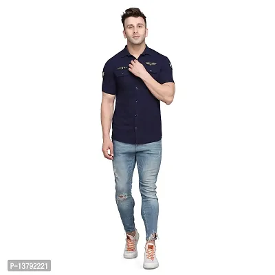 Men's Short Sleeves Spread Shirt (Navy Blue)_S-thumb4