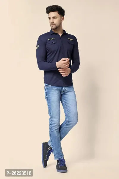 Men's Long Sleeves Spread Collar Shirt (Dark Blue)_S-thumb5