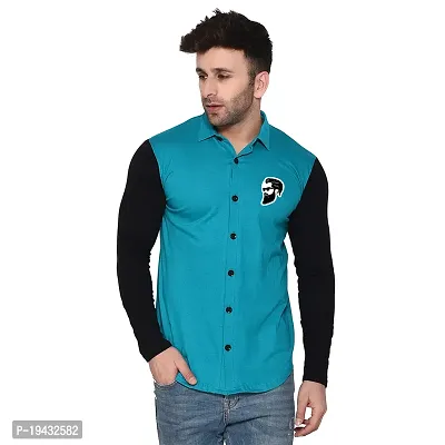 Tfurnish Turquoise Cotton Blend Solid Long Sleeves Casual Shirts For Men