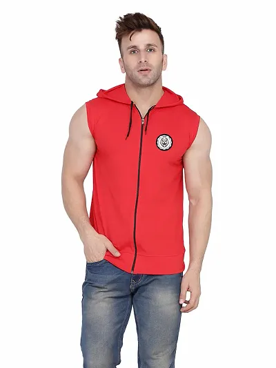 Reliable Cotton Blend Sleeveless Solid Hooded Tees For Men