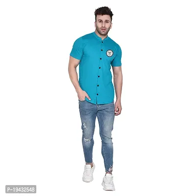 Tfurnish Turquoise Cotton Blend Solid Short Sleeves Casual Shirts For Men-thumb4