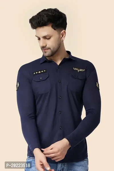 Men's Long Sleeves Spread Collar Shirt (Dark Blue)_S