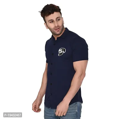 Tfurnish Navy Blue Cotton Blend Solid Short Sleeves Casual Shirts For Men-thumb3