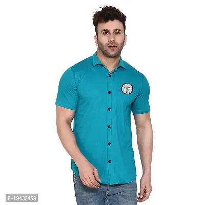 Tfurnish Turquoise Cotton Blend Solid Short Sleeves Casual Shirts For Men