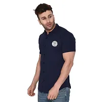 Tfurnish Navy Blue Cotton Blend Solid Short Sleeves Casual Shirts For Men-thumb2