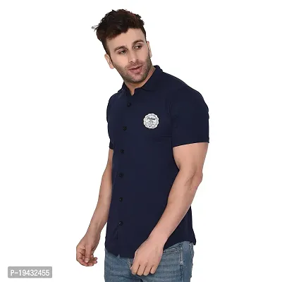 Tfurnish Navy Blue Cotton Blend Solid Short Sleeves Casual Shirts For Men-thumb3