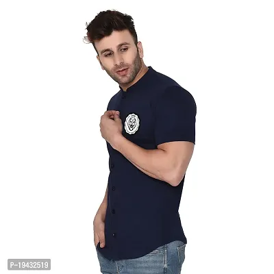 Tfurnish Navy Blue Cotton Blend Solid Short Sleeves Casual Shirts For Men-thumb3