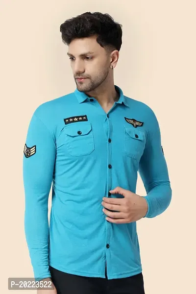 Men's Long Sleeves Spread Collar Shirt (Turquoise)_S-thumb0