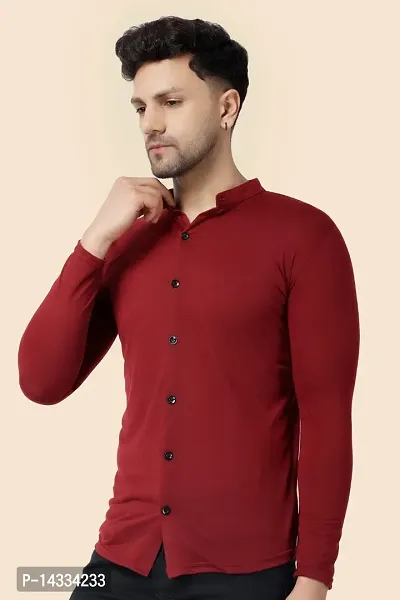 Men's Long Sleeves Mandarin Shirt (Maroon)_S-thumb3
