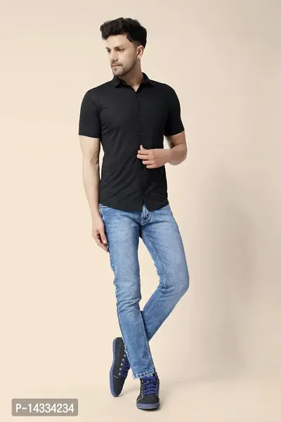 Men's Short Sleeves Spread Collar Shirt (Black)_S-thumb5