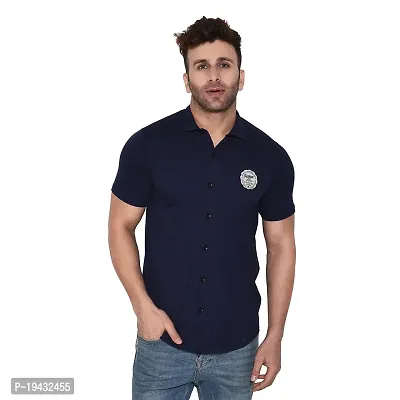 Tfurnish Navy Blue Cotton Blend Solid Short Sleeves Casual Shirts For Men