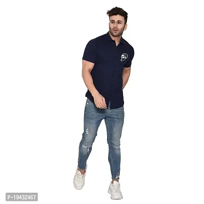 Tfurnish Navy Blue Cotton Blend Solid Short Sleeves Casual Shirts For Men-thumb4