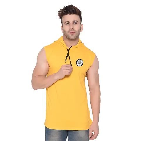 Stylish Cotton Blend Sleeveless Solid Hooded Tees For Men