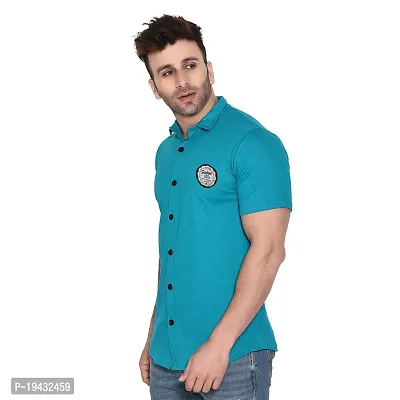 Tfurnish Turquoise Cotton Blend Solid Short Sleeves Casual Shirts For Men-thumb3