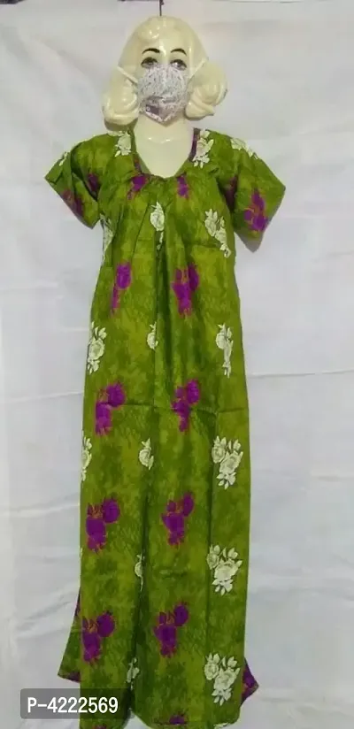 Cotton Printed Night Gown With Free Mask