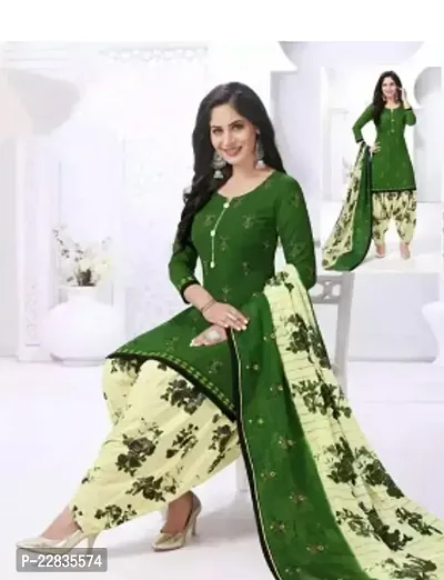 Elegant Green Crepe Printed Dress Material with Dupatta For Women