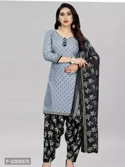 Elegant Grey Crepe Printed Dress Material with Dupatta For Women