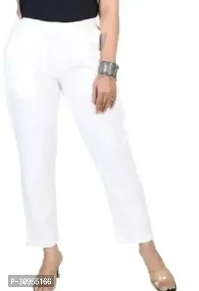 Elegant White Cotton Solid Trousers For Women-thumb0