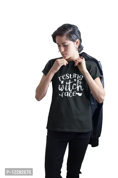 Shoppingara Women Cotton Regular Fit Witch Face Printed T-Shirts (Black, Medium)-thumb4