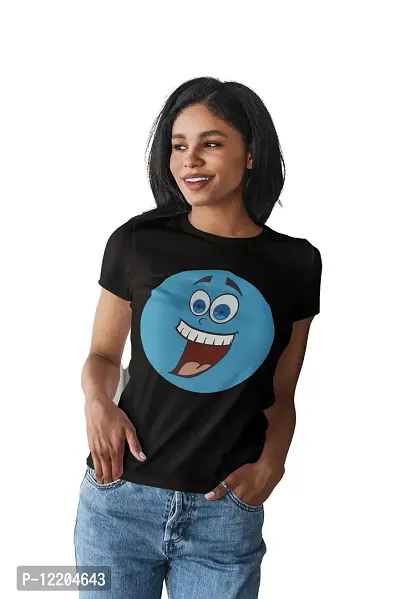 Shoppingara Women Cotton Regular Fit Blue Face Emoji Printed T-Shirts (Black, Medium)-thumb0