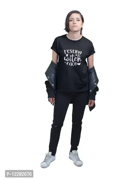 Shoppingara Women Cotton Regular Fit Witch Face Printed T-Shirts (Black, Medium)-thumb2