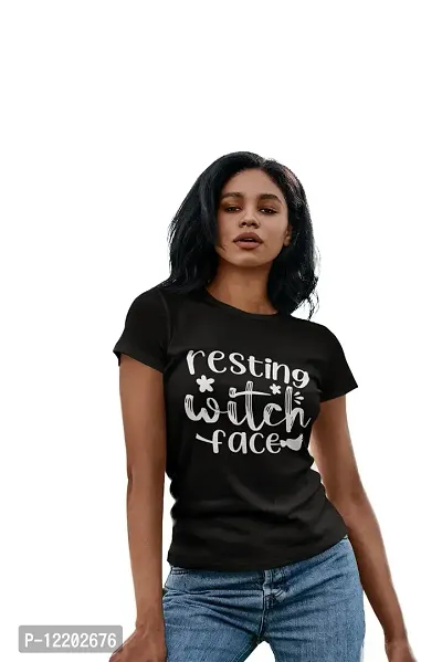 Shoppingara Women Cotton Regular Fit Witch Face Printed T-Shirts (Black, Medium)-thumb0