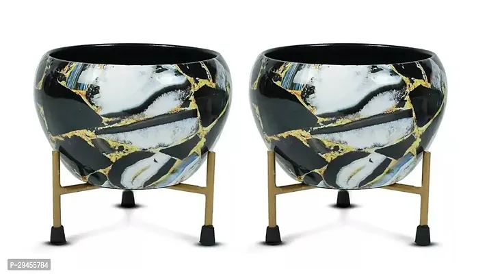 Metal Agate Stone Printed Pot with Stand for Indoor Outdoor use Home Office Restaurant Hotel Gifting Purpose Pack of 2