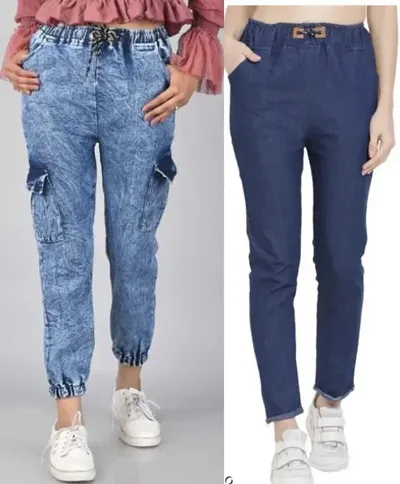 Trendy Latest 6 Pocket Blue Denim Joggers Cargo Jeans  Pants For Girls  Women (Combo Of 2)