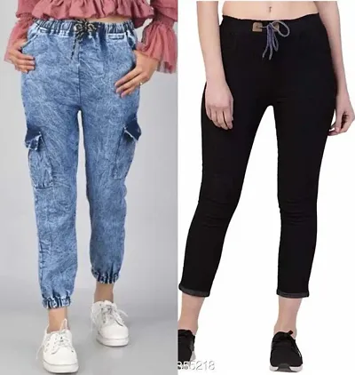 Trendy Latest Fancy Pocket Blue Denim Joggers Cargo Jeans  Pants For Girls  Women (Combo Of 2)