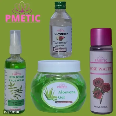 Pmetic Aloevera Gel 200Gm, Neem Face Wash 100ml, Rose Water 100ml, Glycerin 100ml For Face Man  Woman-thumb0