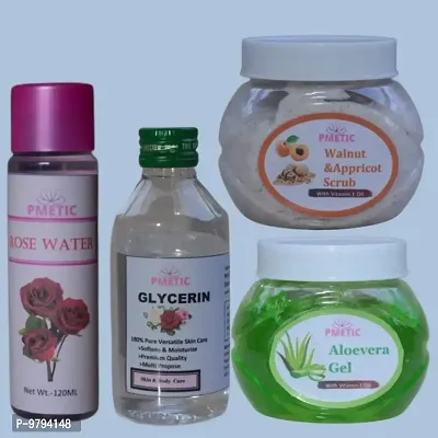 Pmetic Aloevera Gel 200Gm, Walunt  Appricot Scrub200gm , Rose Water 100ml, Glycerin 100ml For Face Man  Woman