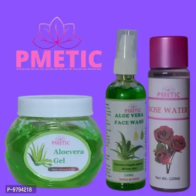 Pmetic Aloevera gel 200gm, Aloevera Face Wash100ml, Rose Water 100ml For Face