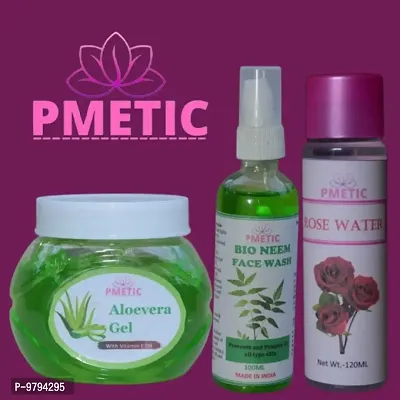 Pmetic Aloevera gel 200gm, Neem Face wash 100ml, Rose water 100ml For Face-thumb0