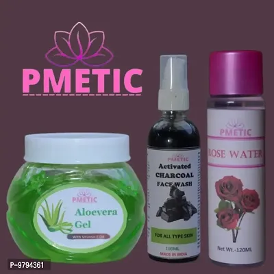 Pmetic Aloevera Gel 200gm, Charcoal Face Wash 100ml, Rose Water 100ml, For Face