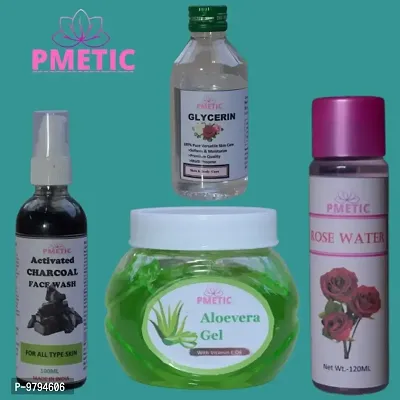 pmetic Aloevera Gel 200gm, Charcoal Face Wash100ml , Rose water100ml, Glycerin 100ml For Face-thumb0