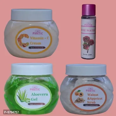Pmetic Aloevera gel 200gm, Vitamin-C Cream 200gm, Walunt  Appricot Scrub 200gm, Rose Water100ml, For Face