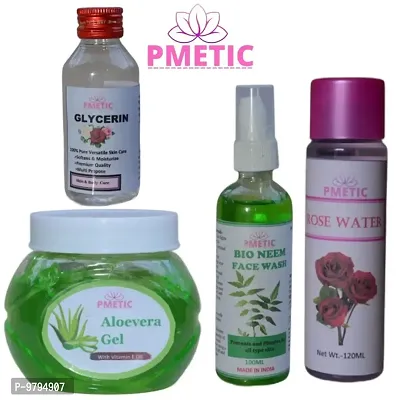 Pmetic Aloevera Gel 200Gm, Neem Face Wash 100ml, Rose Water 100ml, Glycerin 100ml For Face Man  Woman