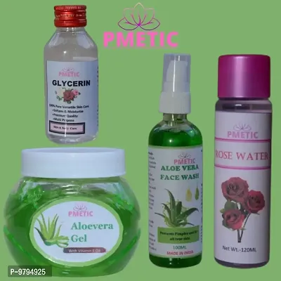 Pmetic Aloevera Gel 200gm, Aloevera Face Wash 100ml, Rose Water100ml, Glycerin 100ml, For Face-thumb0