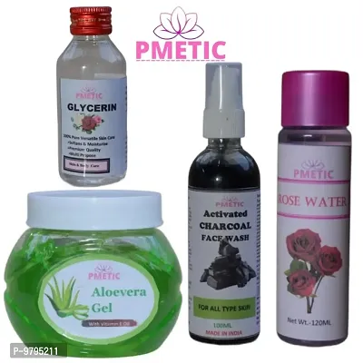 pmetic Aloevera gel 200gm,Charcoal Face Wash 100ml, Glycerin 100ml, Rose Water 100ml, For Face