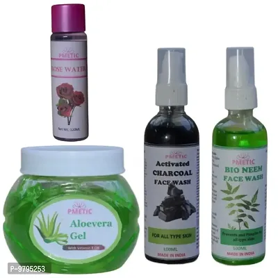 pmetic Aloevera gel 200gm , Charcoal Face Wash 100ml, Neem Face Wash 100ml, Rose Water 100ml, For Face