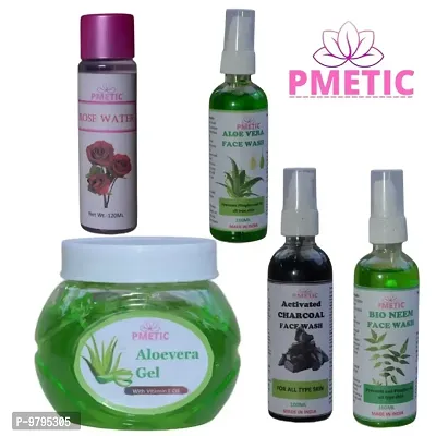 Pmetic Aloevera Gel 200gm, Charcoal Face Wash 100ml, Neem Face Wash 100ml, Aloevera Face Wash 100ml, Rose Water 100ml, For Face