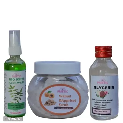Pmetic Walnut  Appricot Scrub 200gm, Glycerin 100ml,Neem Face Wash 100ml, For Face Man Woman-thumb0
