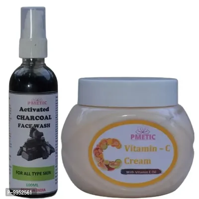 Pmetic Charcoal Face Wash 100ml, Vitamin-C cream 200gm For Face Man  Woman-thumb0
