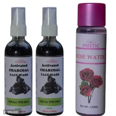 Pmetic Charcoal Face Wash 200ml, Rose Water 100ml For Face Man  Woman