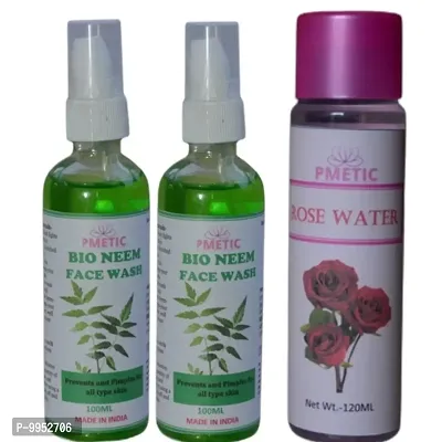 Pmetic Neem Face Wash 200ml, Rose Water 100ml For Face Man  Woman